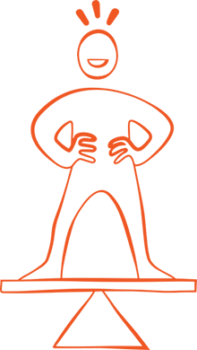 Illustration, glad figur balanserar på balansbräda