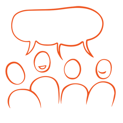 Orange illustration fyra glada figurer för en dialog.
