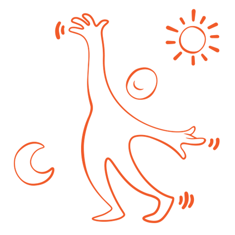 Orange illustration glad figur som sträcker sig mot en illustration av en sol och en måne.