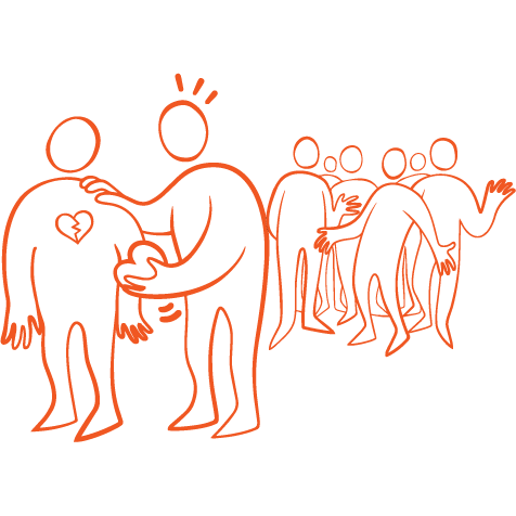 Orange illustration figur som hjälper en annan utstött figur, i bakgrunden står mobbarna.
