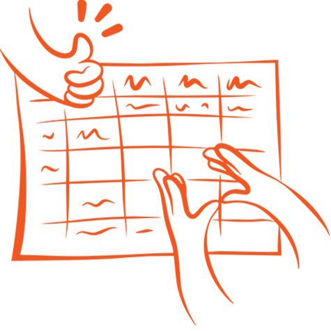 Illustration, schema och två händer