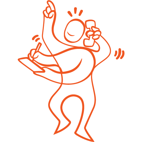 Orange illustration figur som antecknar och pratar i telefon samtidigt.